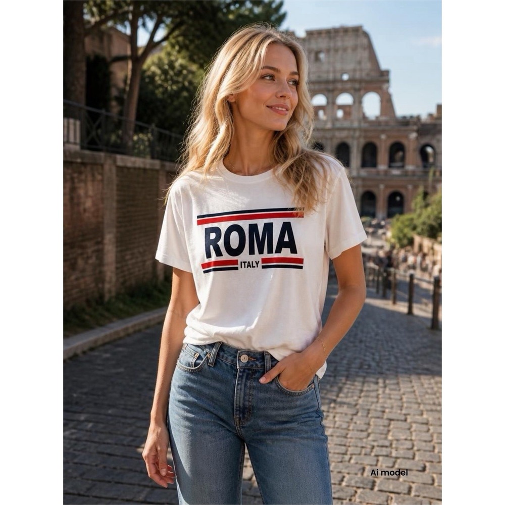 Roma Italy Graphic T-Shirt White Short Sleeve Crewneck Tee Women Small